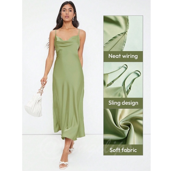 Green Satin Cami Dress Midi Adjustable Spaghetti Straps - Picture 5 of 7